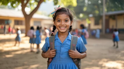 Smiling young indian girl wearing a blue school uniform and backpack, looking at the camera with other students in the background