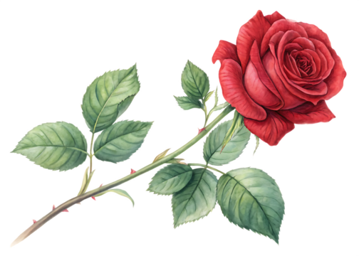 Watercolor Red Rose with Green Leaves and Thorny Stem on Transparent Background painting illustration isolated on a transparent background