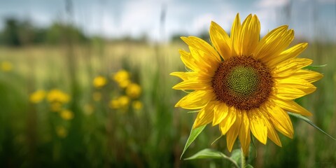 Obraz premium The Sunflower Standing Bright in a Blurred Green Meadow on a Sunny Day