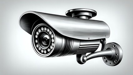 Detailed sketch of a modern security CCTV camera, showcasing its metallic casing, infrared LEDs, and robust mounting bracket. Ideal for security, technology, and surveillance concepts.