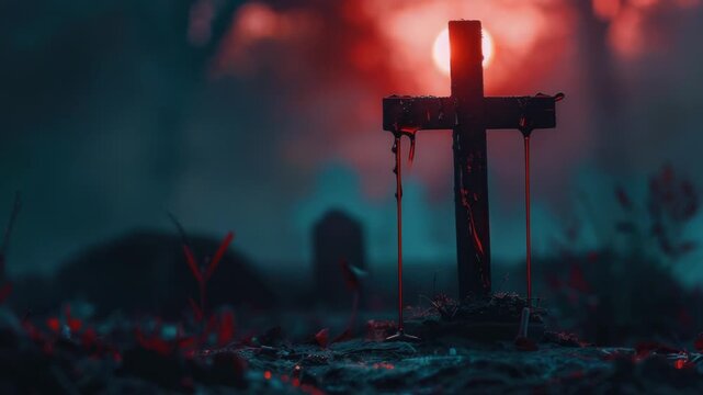 A cross stands in a field with blood dripping from it, likely a symbol of sacrifice or violence