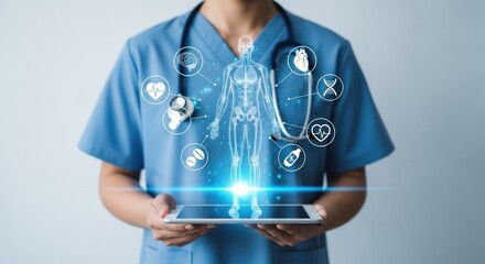 Nurse holding a tablet displaying a glowing digital human anatomy model surrounded by medical icons, symbolizing futuristic healthcare and data analysis