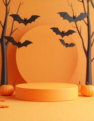 Halloween Themed Display with Pumpkins Bats and Trees in Orange Background