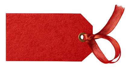 Red gift tag with satin ribbon — blank paper label isolated on transparent background, high-resolution PNG cutout for holiday gift wrapping, retail pricing, packaging and branding mockups, e-commerce
