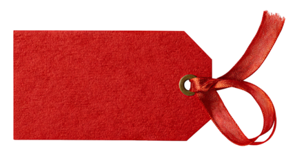 Red gift tag with satin ribbon — blank paper label isolated on transparent background, high-resolution PNG cutout for holiday gift wrapping, retail pricing, packaging and branding mockups, e-commerce