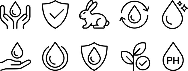 Cruelty free vegan product icons for skincare and beauty products water based ph balanced natural ingredients