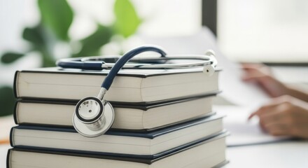 A stethoscope rests on a stack of medical books, symbolizing education and study in the healthcare field