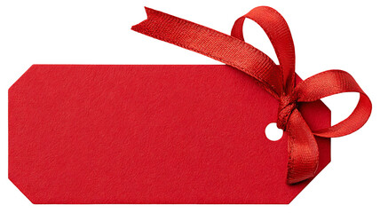 Red gift tag with satin ribbon — blank paper label isolated on transparent background, high-resolution PNG cutout for holiday gift wrapping, retail pricing, packaging and branding mockups, e-commerce