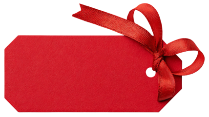 Red gift tag with satin ribbon — blank paper label isolated on transparent background, high-resolution PNG cutout for holiday gift wrapping, retail pricing, packaging and branding mockups, e-commerce
