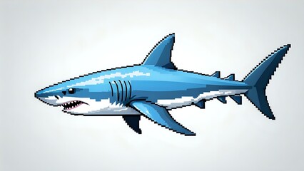 Fototapeta premium Pixel art great white shark illustration, digital painting of a fierce shark, 8-bit style marine predator.