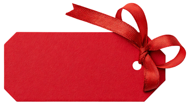 Red gift tag with satin ribbon — blank paper label isolated on transparent background, high-resolution PNG cutout for holiday gift wrapping, retail pricing, packaging and branding mockups, e-commerce - Powered by Adobe