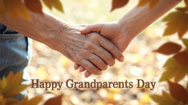 Close up of two elderly hands holding each other, with autumn leaves framing the image and the text happy grandparents day at the bottom, celebrating family connection and love - Powered by Adobe