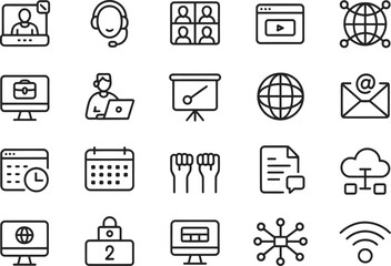 Outline icons for business communication technology remote work and online meetings vector illustration
