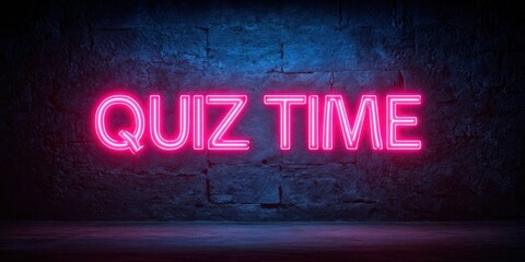 The Neon Quiz Time Sign Glowing Pink on Dark Brick Wall Background