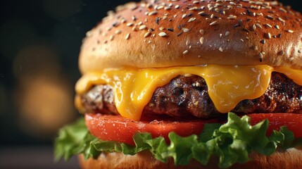 Close-up of juicy cheeseburger with melted cheddar, beef patty, sesame seed bun, fresh lettuce, and tomato – gourmet fast food photography