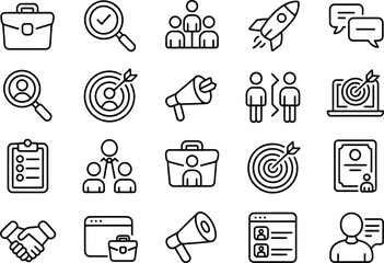 Business icons vector set job search recruitment target marketing management and human resources concept