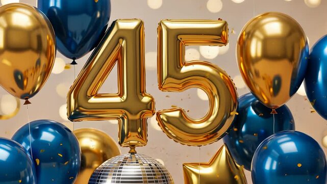 Gold balloon celebration for 45th anniversary with disco ball and confetti