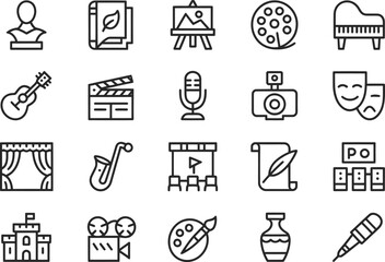 Vector art icons representing various arts and entertainment fields for graphic design projects