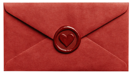 Red love letter envelope with wax heart seal — high-resolution transparent-background PNG cutout, isolated romantic stationery for invitations, greeting cards, wedding suites and valentine’s day