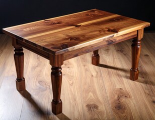 Rectangular wooden table with turned legs, showcasing rich grain patterns in the tabletop