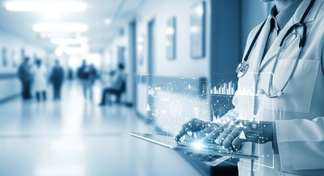 Doctor using a tablet with futuristic digital data overlay in a hospital hallway, symbolizing advanced healthcare technology and patient care