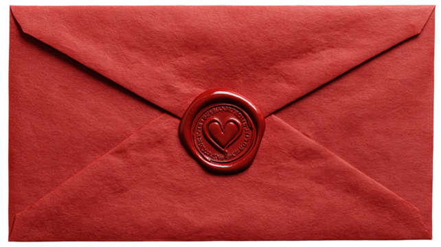 Red love letter envelope with wax heart seal — high-resolution transparent-background PNG cutout, isolated romantic stationery for invitations, greeting cards, wedding suites and valentine’s day