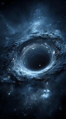Outer space gravity field concept, A captivating view of a black hole surrounded by starlit cosmic space.