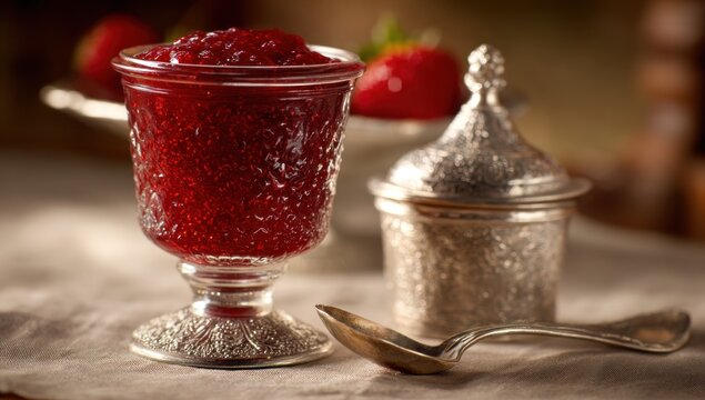 Refined strawberry jam served in textured glass with silver spoon and jar on linen