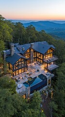 Elegant Hilltop Mansion with Panoramic View and Twilight Glow Overlooking Nature