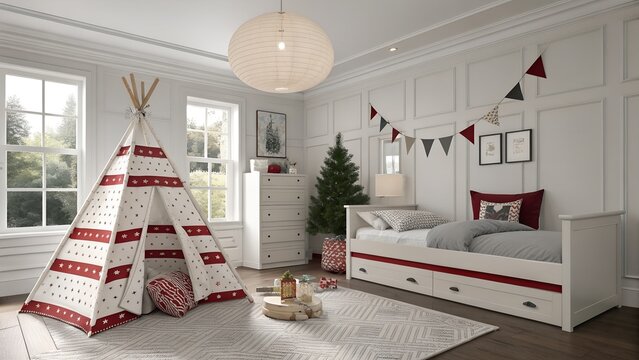 White minimalist modern child bedroom with velvet ribbon bows and trundle and teepee play area for US homes