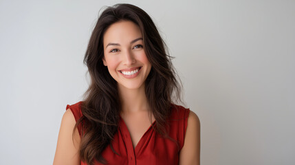 Fototapeta premium Beautiful young woman with a radiant smile cheerful expression and natural beauty in casual fashion portrait showcasing confidence and positive energy