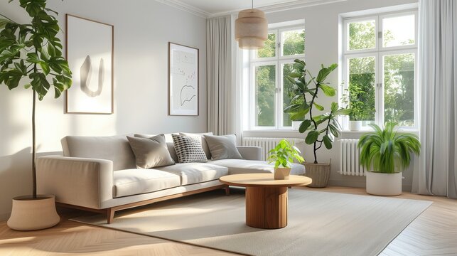  cozy modern living room interior in a new apartment, scandinavian furniture, warm neutral color palette