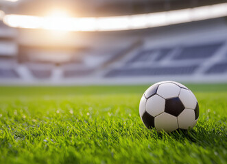 Fototapeta premium Vibrant outdoor soccer stadium with lush green field energetic players dynamic game action bright lighting enthusiastic fans and professional sports atmosphere