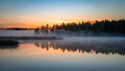 Obraz premium Serene sunrise over a tranquil lake, shrouded in a peaceful morning mist.