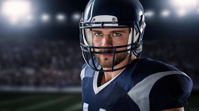 Dynamic football athlete in action wearing helmet and uniform on stadium field during intense game showcasing athleticism strength and competitive spirit