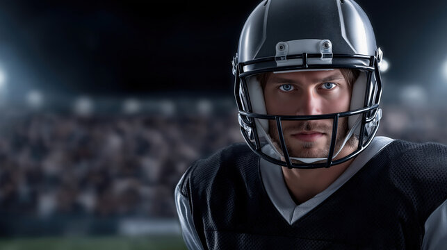 Professional football athlete wearing safety gear and helmet on sports field during game showcasing athletic performance teamwork and competitive sports action - Powered by Adobe