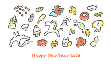 白馬と正月の縁起物の手描きのかわいい和風年賀状　2026・富士山・鶴亀・松竹梅