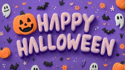 Festive Halloween decorations featuring bold purple text with a cheerful pumpkin and playful ghosts