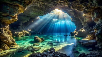 Sunbeams Illuminate a Crystal Clear Cenote Cave with Turquoise Water and Rock Formations