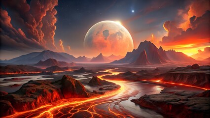 Surreal Landscape with Lava River Mountains and a Giant Moon Under a Dramatic Sky
