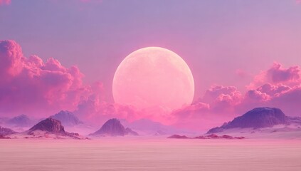 Dreamlike landscape with a giant moon rising above misty mountains and fluffy pink clouds in a surreal, serene atmosphere