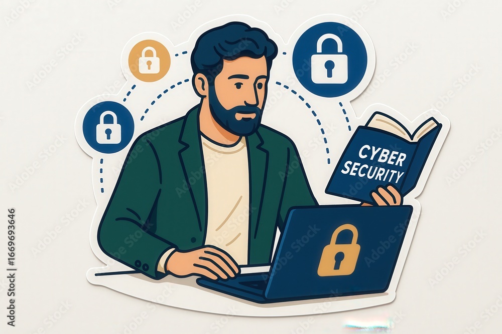 Poster engaging cybersecurity professional studying the importance of digital protection while using a lapt