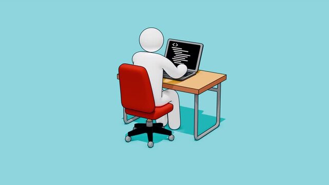 Stickman programmer working on a laptop. After typing code, a coin appears on the screen symbolizing income. The character celebrates by joyfully spinning on an office chair. Looped animation