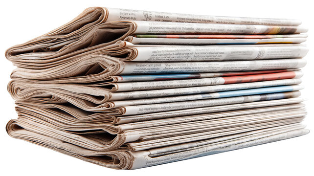 Pile of folded newspapers &mdash; high-resolution transparent background PNG cutout for press headlines, media layouts, editorial design, newsroom graphics, blog thumbnails, poster and flyer mockups