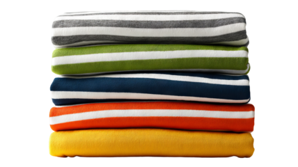 Stack of striped t-shirts — high-resolution isolated PNG-style cutout on transparent background, neatly folded cotton tees for fashion mockups, e-commerce product listings, clothing branding, web & ap