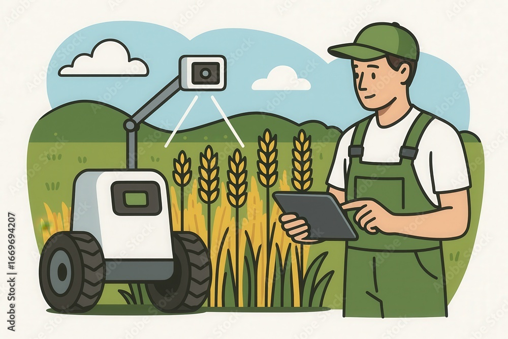 Poster innovative agricultural technology with a farmer using a robotic assistant while examining wheat fie