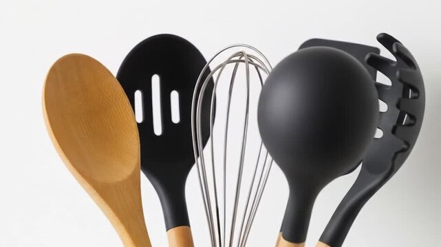 Cooking utensils including a wooden spoon black spatulas a whisk and a pasta server stand against a white background