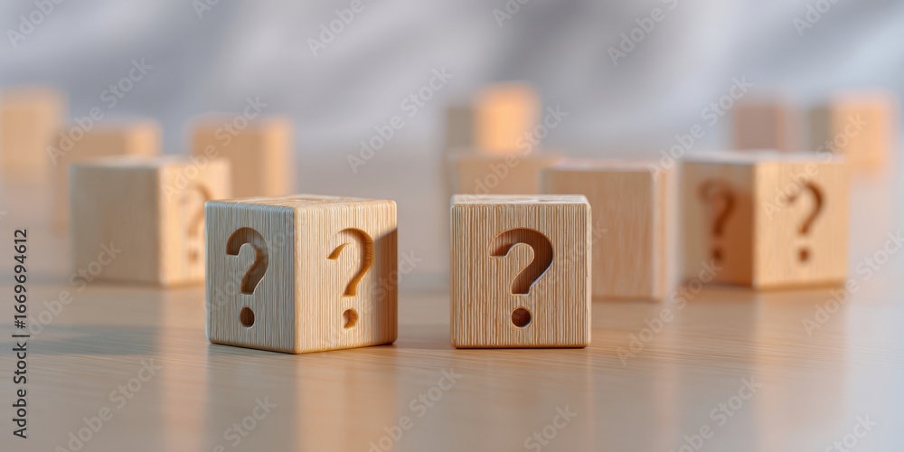 Aufkleber [the wooden blocks with question marks symbolizing uncertainty choices and problem solving]