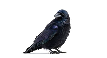 Fototapeta premium A solitary black bird with glossy feathers stands against a stark white background