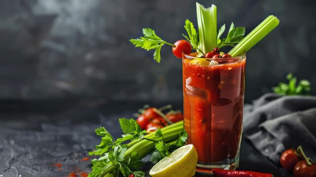 Fresh bloody drink garnished with celery stalks and tomato slices, perfect for a stylish event or party